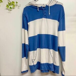 Old Navy long sleeve hoodie tee, blue & white with 3 buttons, good condition